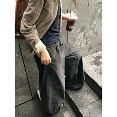 LIZAKOSHT  -  Women's Flare American Retro Washed Distressed Drawstring Curved Banana Jeans Design Sense Loose Wide Leg Casual Denim Pants