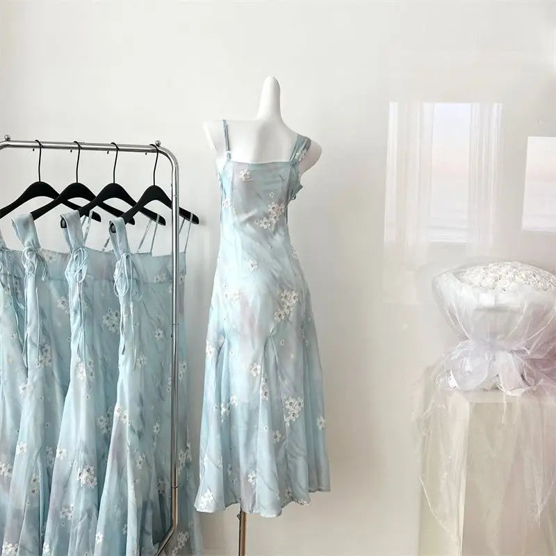 LIZAKOSHT  -  Midi Dress Blue Tie Dye Lace Up Floral Print Sleeveless Women Casual Spaghetti Strap Elegant Summer Slim Long Dress