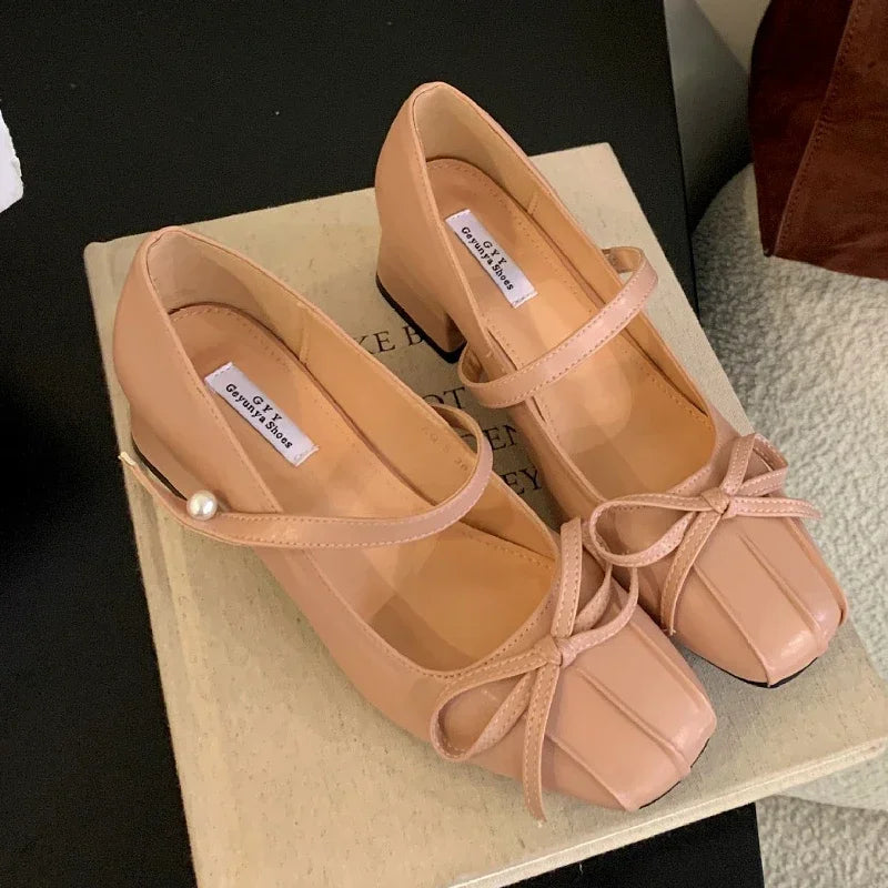 LIZAKOSHT  -  Fashion Mary Jane Shoes Women Square Toe Bow Sweet Shallow Dress Shoes Elegant Chunky Ballet Shoes Women Pumps Zapatos Mujer