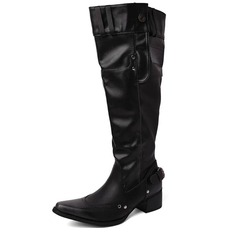 LIZAKOSHT  -  Vintage Rivet Hottie Women Knee-High Boots Fashion Belt Buckle Female Pleated Knight Long Booties Shoes