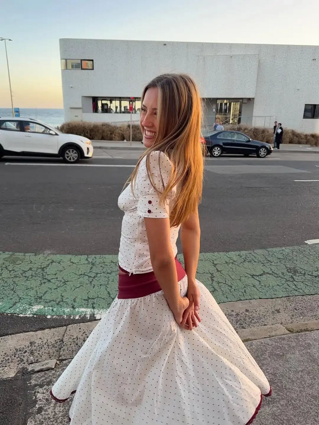 LIZAKOSHT  -  Solid Polka Dot Long Skirt Suit Women U Neck Short Sleeves Lace Ruffle Waist Cinching 2-piece Set Lady Summer Holiday Outfit New