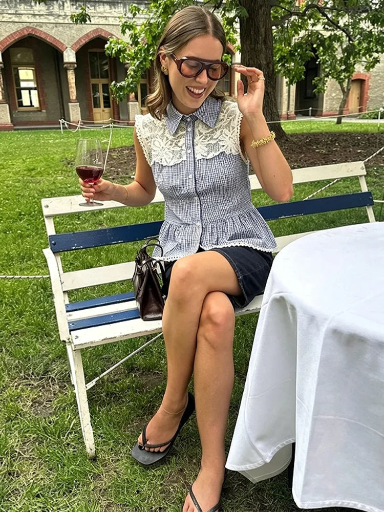 LIZAKOSHT  -  Lace Collar Sleeveless Peplum Blouse Collared Peplum Gingham Summer Chic Sweet Women Casual Preppy Casual Top