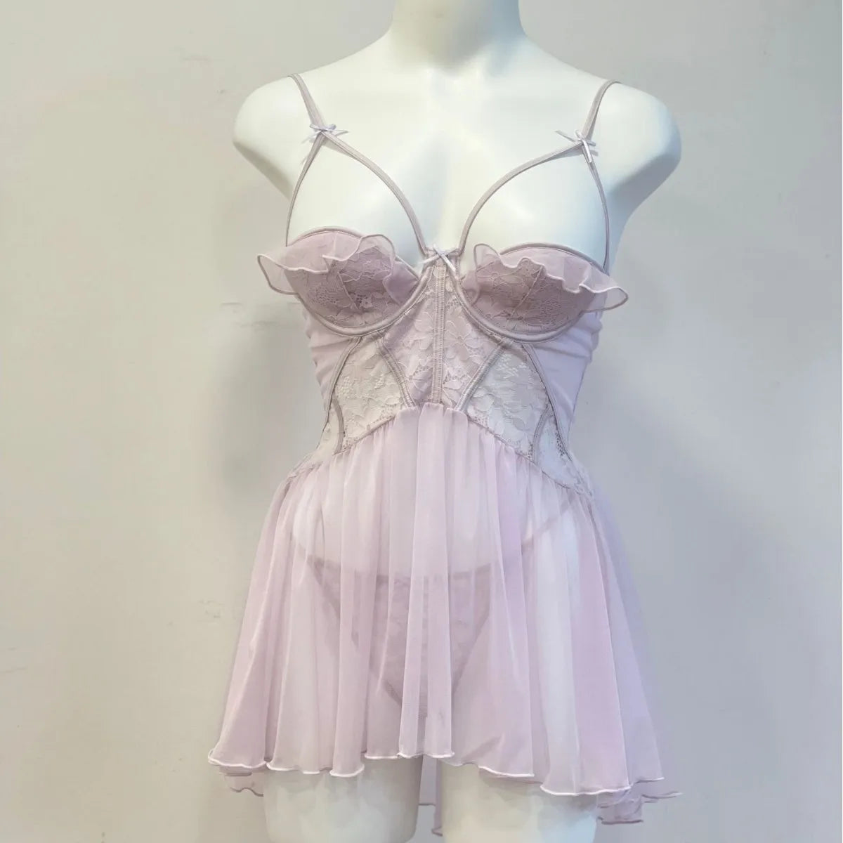 LIZAKOSHT  - Sweet Suspender Nightdress with Panties Sexy Lingerie See Through Gauze Women's Loungewear Lace Backless Steel Ring Nightdress