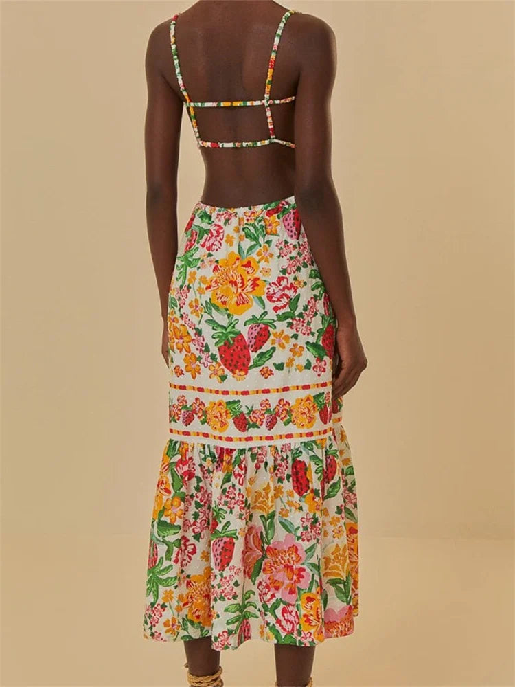 LIZAKOSHT  -  Vintage Floral Print Long Maxi Dress for Women Sleeveless Strap Ruched Buttons Up High Waist Beach Dress Vestido