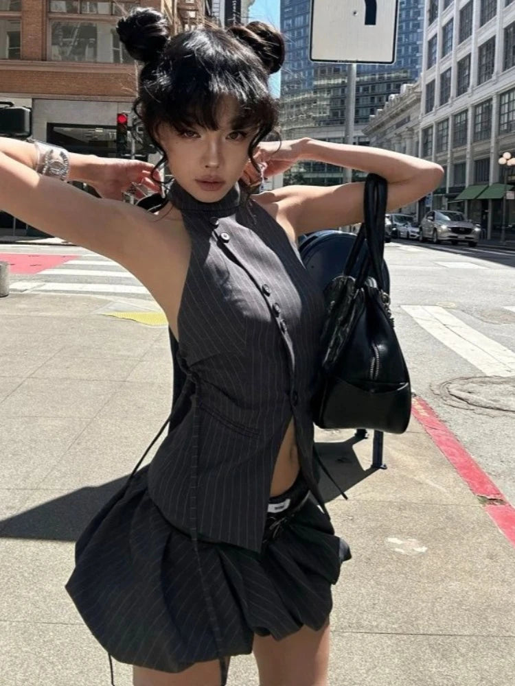 LIZAKOSHT  -  Y2K Sexy Dark Grey Chic 2 Pieces Sets Women Halter Neck Button Side Tie Tops + Mini Skirt Harajuku Streetwear Clubwear Outfits