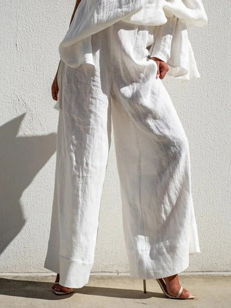 LIZAKOSHT  -  Casual Daily Pants Women Loose Wide Leg Pants 2025 Summer Solid Color Vacation High Waisted Elasticity White Trousers