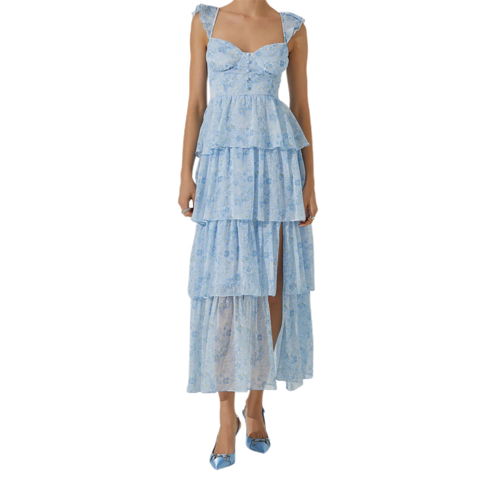 LIZAKOSHT  -  Women's Floral Dress Stylish Multi-Layered Ruffles Split Cap Sleeve Long A-Line Dress Summer