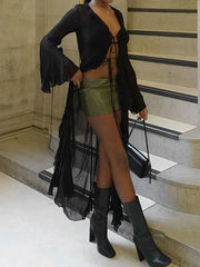 LIZAKOSHT  -  Women's Tie Up Long Cardigans Black Mesh Sheer Cover-ups See-Through Flare Long Sleeve Ruffle Trim Bandage Robes