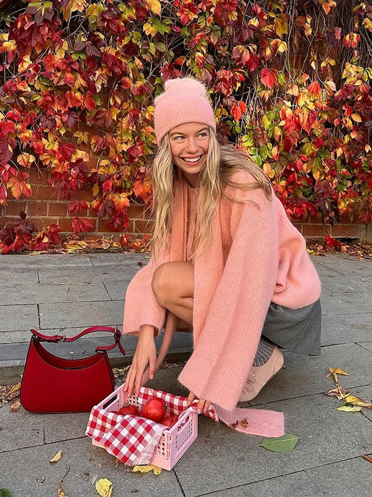 LIZAKOSHT  -  Autumn New Women Pink Knitted Sweater Cardigan Single Breasted Casual O Neck Long Sleeve Cardigans Female Street Sweater