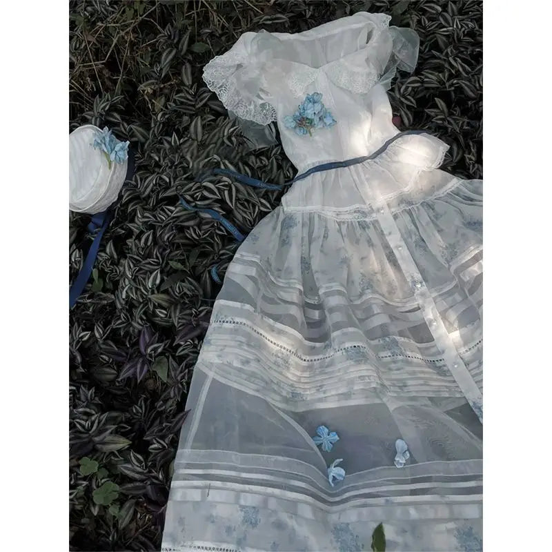 LIZAKOSHT  -  Elegant Sweet Floral Lace Patchwork Top for Women+ Y2k High Waist Blue Snowflake Skirts 2025 Summer New Two Piece Sets