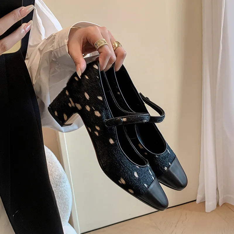 LIZAKOSHT  -  Fashion Pumps New High Quality Horse Hair Splicing High Heels Mary Janes Shoes Commuter Women's Shoes