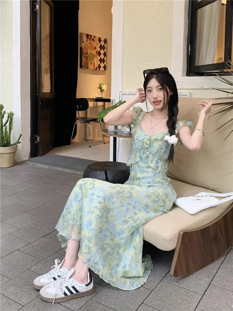 LIZAKOSHT  -  Women's French Style Floral Spaghetti Strap Maxi Dress Beach Vacation Dress