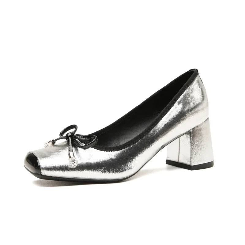 LIZAKOSHT  -  Square Toe Mary Jane Shoes Women Fashion Casual Chunky Ballet Shoes Shallow Bow Classic Brand High Heels Designer Female Pumps