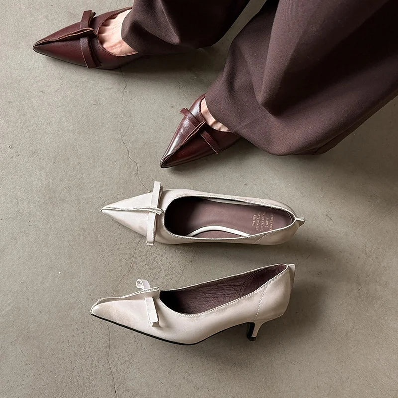 LIZAKOSHT  -  Fashion Pumps New High Quality Genuine Leather Shoes Bow Pointed Shallow Mouth High Heels Commuter Women's Shoes