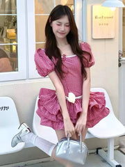 LIZAKOSHT  -  New Sweet Vintage Elegant 2 Piece Set Women Chic Puffy Sleeve Slim Dress + High Waist Pants Japanese Fashion Casual Chic Outfits