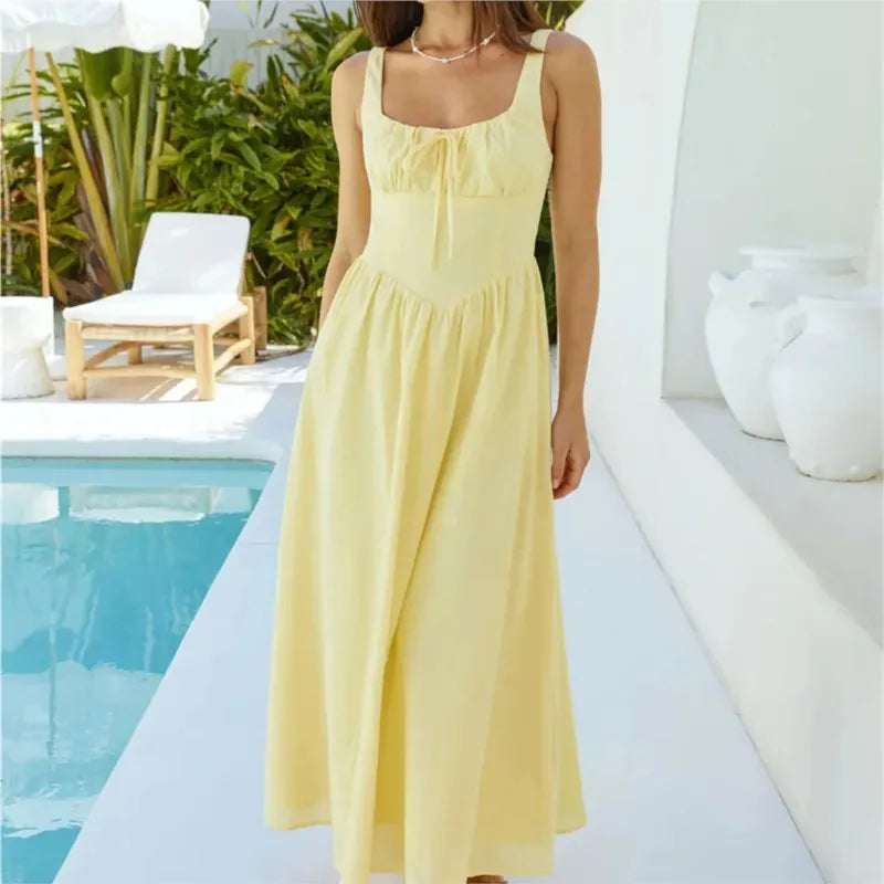 LIZAKOSHT  -  Elegant Long Dress For Women Lace Up Sleeveless Square Neck Dresses 2025 New Summer Chic Casual Simple Vacation Beach Midi Dress