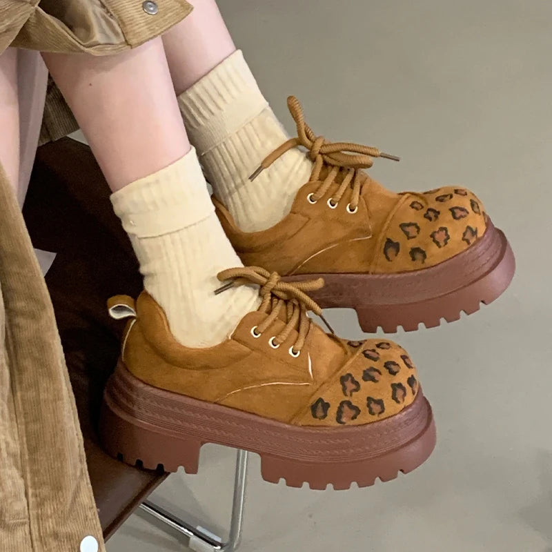 LIZAKOSHT  -  Thick Soled Height Increasing Vulcanized Shoes Women, Leopard Print Lace Up Round Toe, Four Season Plus Size Single Shoes Women