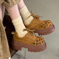LIZAKOSHT  -  Thick Soled Height Increasing Vulcanized Shoes Women, Leopard Print Lace Up Round Toe, Four Season Plus Size Single Shoes Women