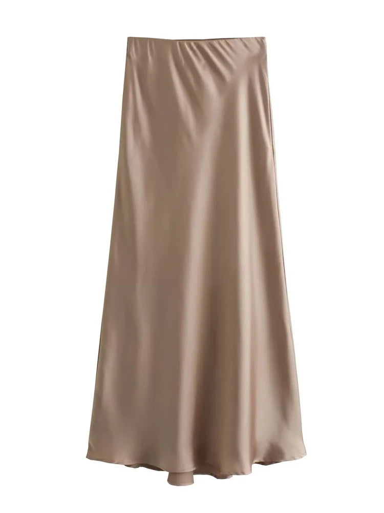 LIZAKOSHT  -  White High Waist Slim Maxi Skirt For Women Satin Fashion Elegant Solid Patchwork Casual Clothes Summer Long Skirt New