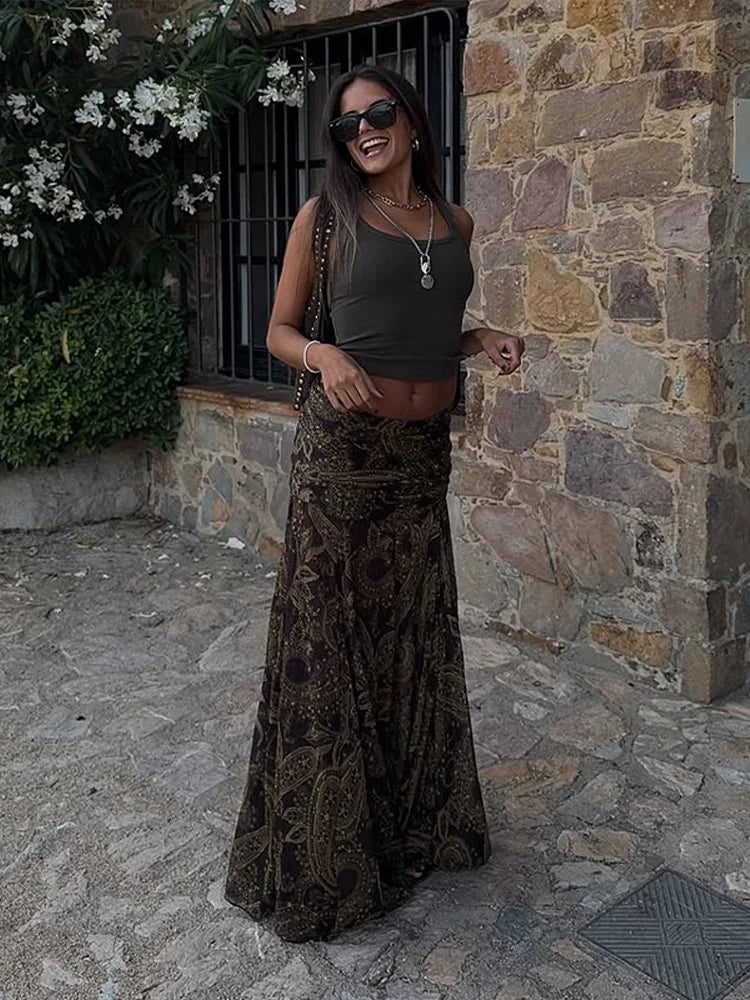 LIZAKOSHT  -  Fashion Print Long Skirt Women High Waist Ankle-length Loose Swing Skirt 2025 Summer Fashion Female Vacation Streewear Outerwear