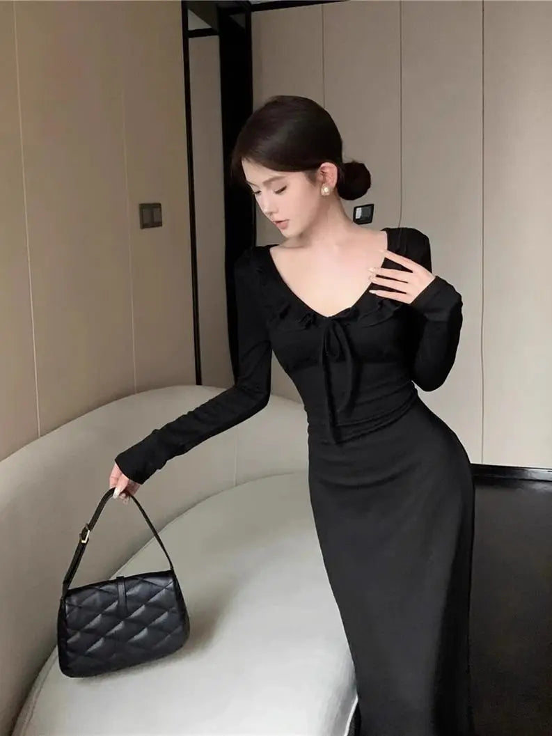 LIZAKOSHT  -  V-neck Lotus Leaf Dress Women's Strappy Waist Long-sleeved Gentle Style A-line Long Skirt