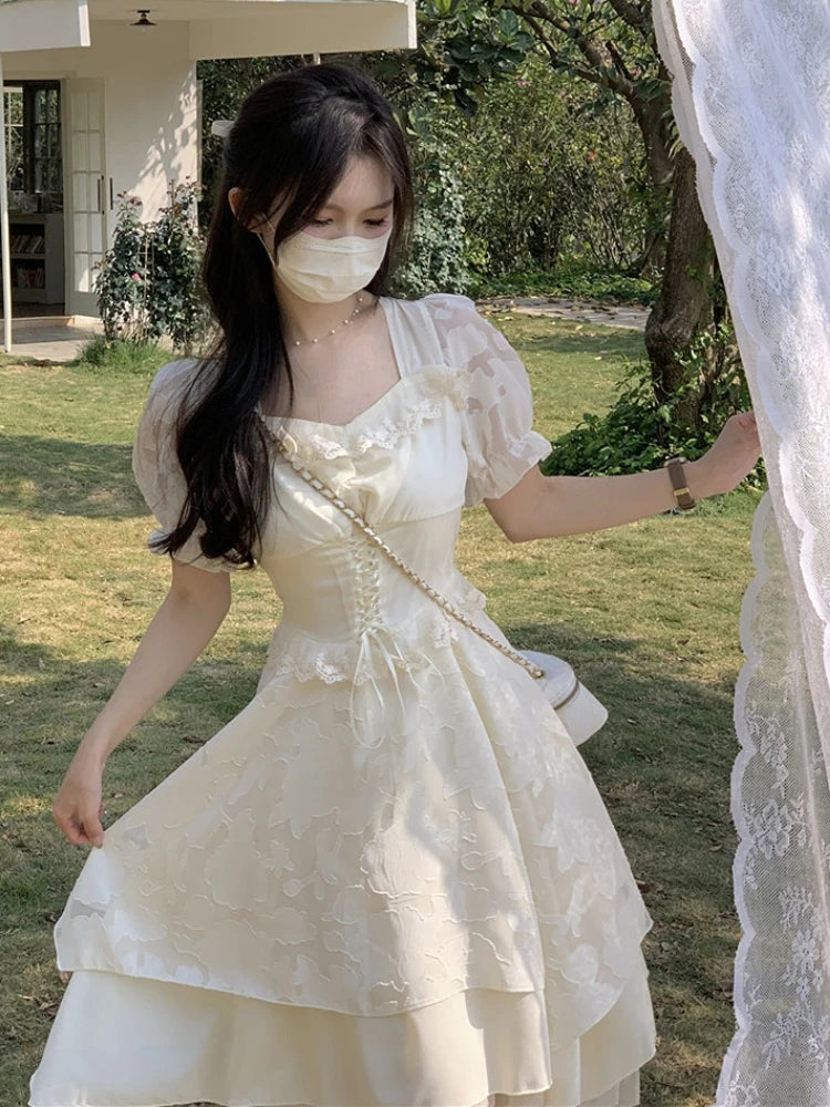 LIZAKOSHT  -  Puff Sleeve Korean Fashion Dress Women Lace France Style Vintage Midi Dress Female White Bandage Princess Retro Sweet Dress