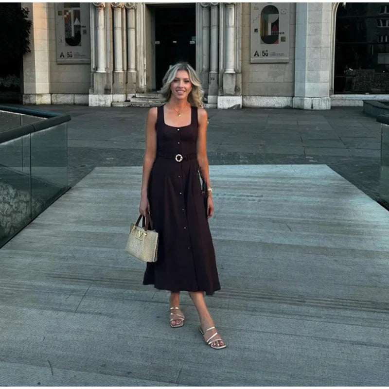 LIZAKOSHT  -  Elegant Single-Breasted Belt Sling Dress Women Fashion Sleeveless Waist-Cinching Pleated Robe 2025 Female Office New Dresses