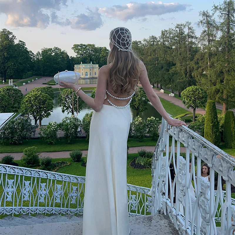 LIZAKOSHT  -  Sexy Hanging Neck Pearl Trim Backless Maxi Dress Women Fashion Slim Fit Robes Lady 2025 Summer Evening Birthday Party Club Dress