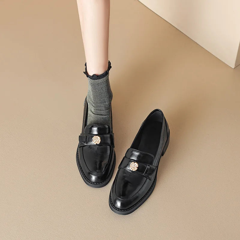 LIZAKOSHT  -  Women's British Shoe Autumn New Thick Heel Women Leather Shoe Versatile Anti Slip Women Casual Shoes Gold Buckle Women's Loafers