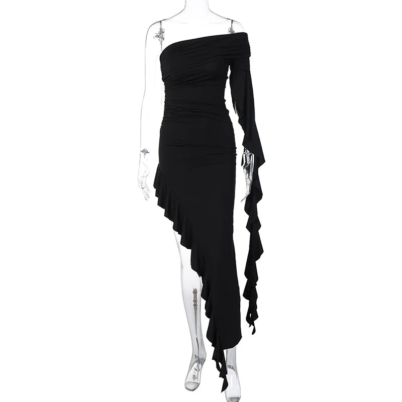 LIZAKOSHT  -  Summer Newly Irregular Ruffle Fringe Party Off Shoulder Dress Elegant One Sleeve Slim Hip Package Lady Split Vacation Robes