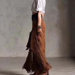 LIZAKOSHT  -  Tassel Splicing Denim Hem Irregular Suede Skirt Fashionable and Elegant Women's Clothing