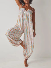 LIZAKOSHT  -  Elegant V-neck Tie-up Suspender Romper Casual Sleeveless Loose Women Jumpsuit Vintage Pattern Print High Waist Summer Playsuits