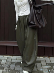 LIZAKOSHT  -  Womens Autumn Winter PU Lantern Pants Elegant Lazy Drawstring Casual Army Green Wide Leg Leather Pants