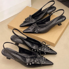 LIZAKOSHT  -  Size 42 Vintage y2k Flowers Black Pointy Toe Slingback Pumps Cross-strap Summer 5cm Kitten Heels White Lady Shoes Women