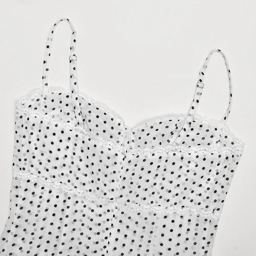 LIZAKOSHT  -  Elegant Lace Patchwork Chiffon Polka Dot Dress White Black Summer Women Spaghetti Strap Zipper Evening Party Dresses