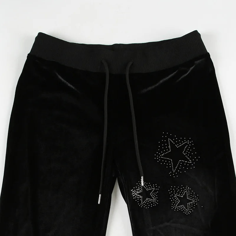 LIZAKOSHT  -  UShaped Star Rhinestone Velvet Low Waist Slim Flared Pants Trousers Jumpsuit Playsuit