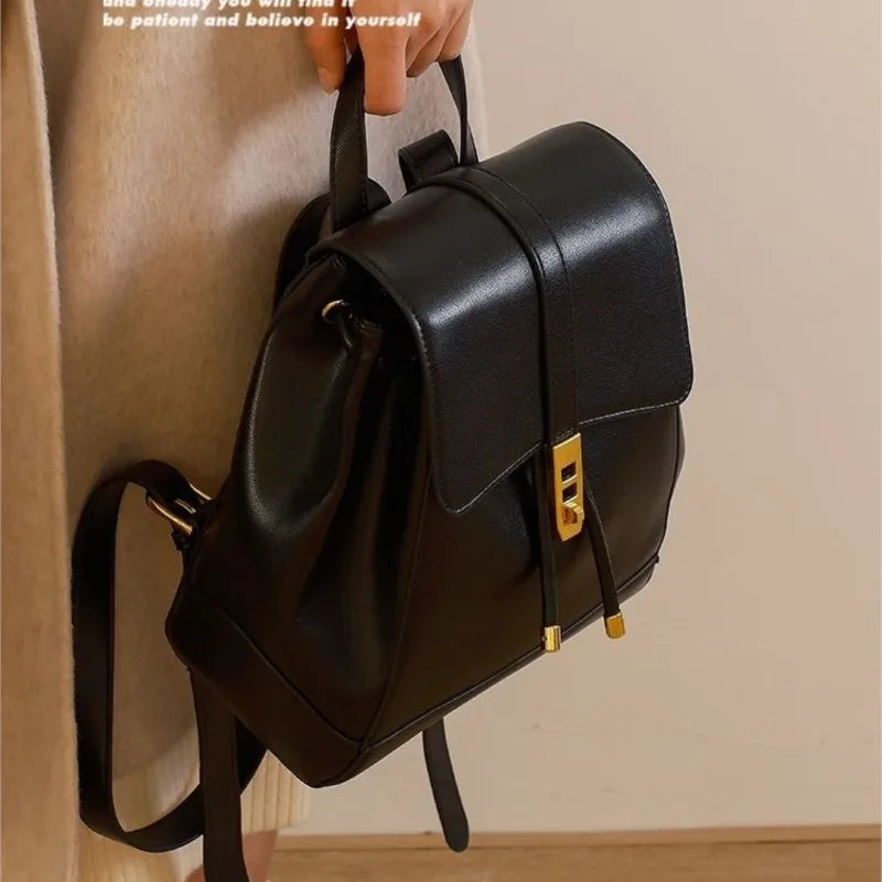 LIZAKOSHT  -  Retro Drawstring Backpack Women Solid Color Leather Large Capacity Fashion Premium Travel Bag Ladies Sle Casual Mochilas Mujer