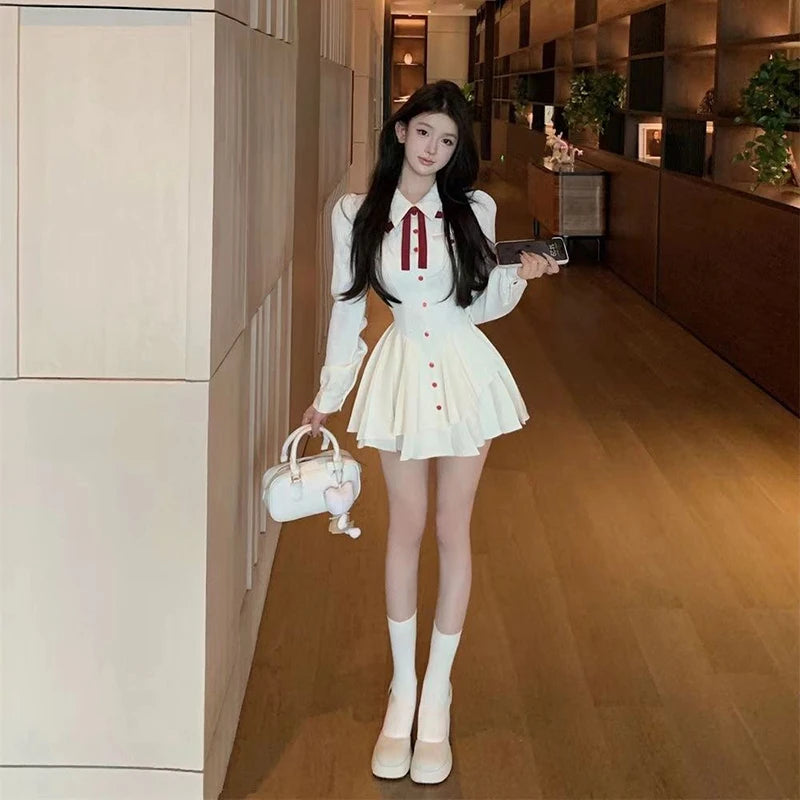 LIZAKOSHT  -  Sweet Bow Mini Dress Women Autumn Long Sleeve Irregular Pleated Patchwork Dresses Kawaii Preppy Button Slim Fit Student Vestidos