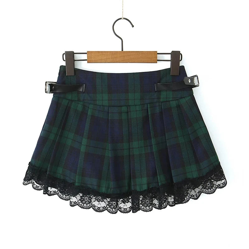 LIZAKOSHT  -  Y2K  Women With Belt High Waist Plaid Skirt Lace Trim Summer Female A-line Mini Skirts