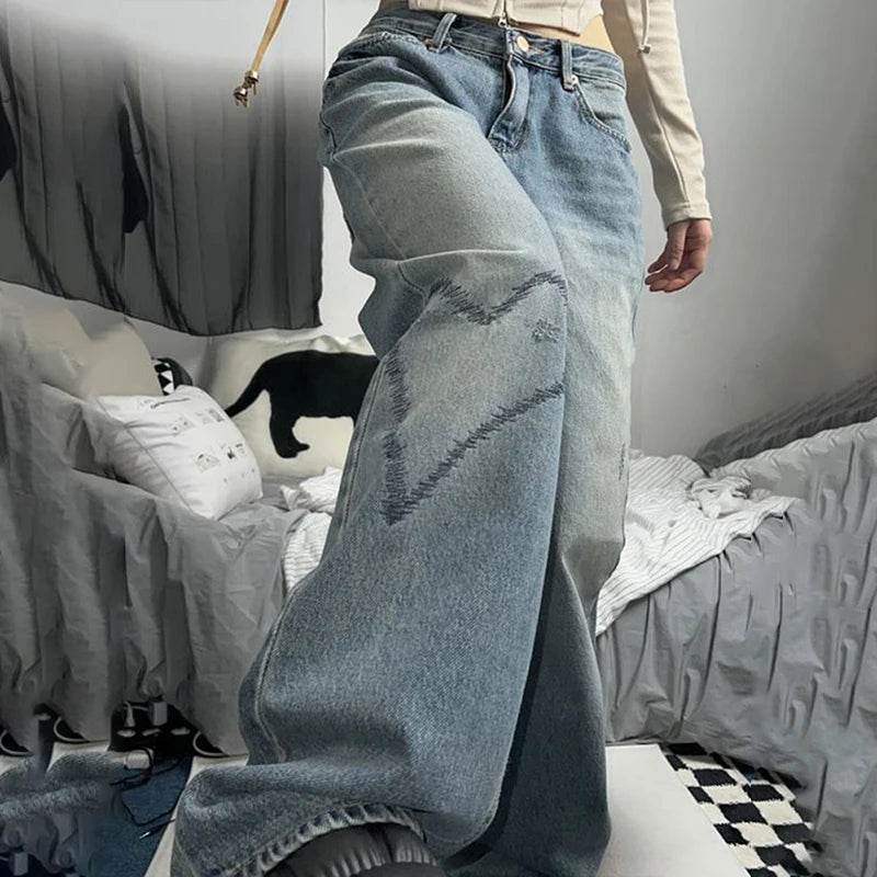 LIZAKOSHT  -  Printed Straight-leg Jeans For Women In Spring, High-waisted And Slim, wide-leg Printed Retro Loose Jeans For Women