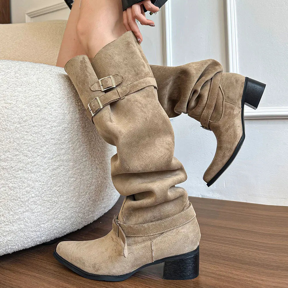 LIZAKOSHT  -  Wasteland Vintage Suede Wide Legs Cowboy Boots Women Retro y2k Western Boots Belt Strap Knee High Boots Shoes Square Heels