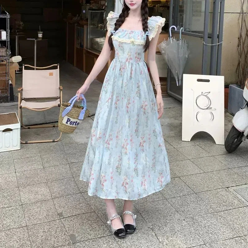 LIZAKOSHT  -  Beautiful Lace Square Neck Small Flying Sleeve Floral Dress with Temperament Waist-hugging and Slimming A-line Long Skirt