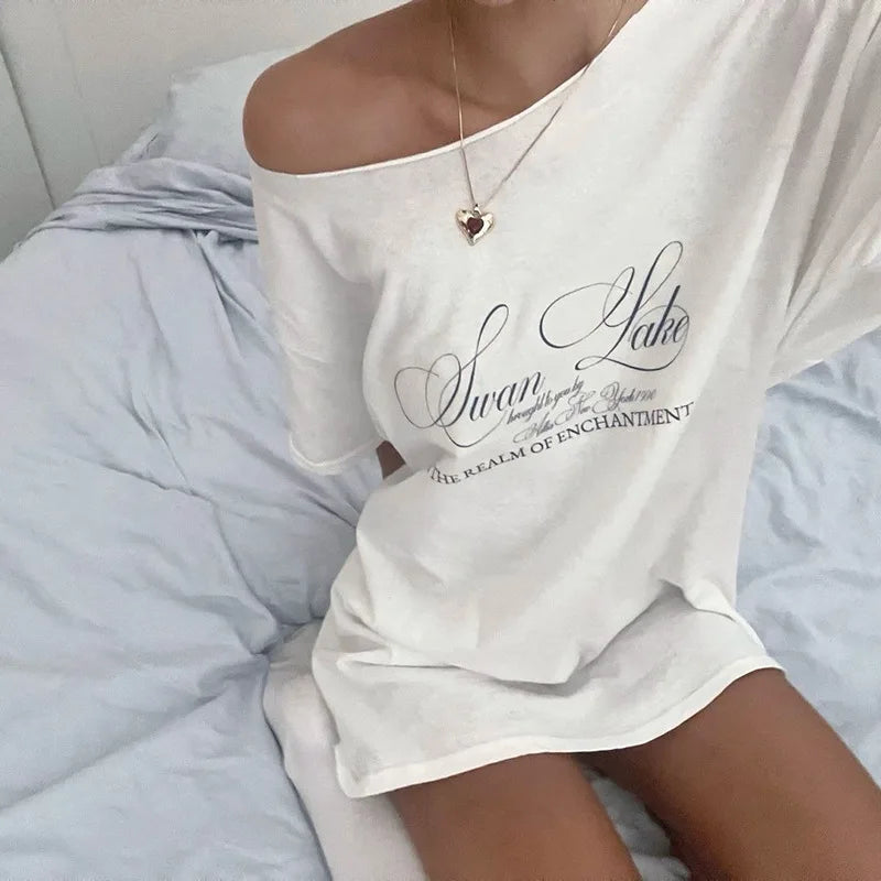 LIZAKOSHT  -  Letter Print Graphic T Shirts White Oversized One Shoulder Tops Womens Summer Fashion Clothing Trends 2025