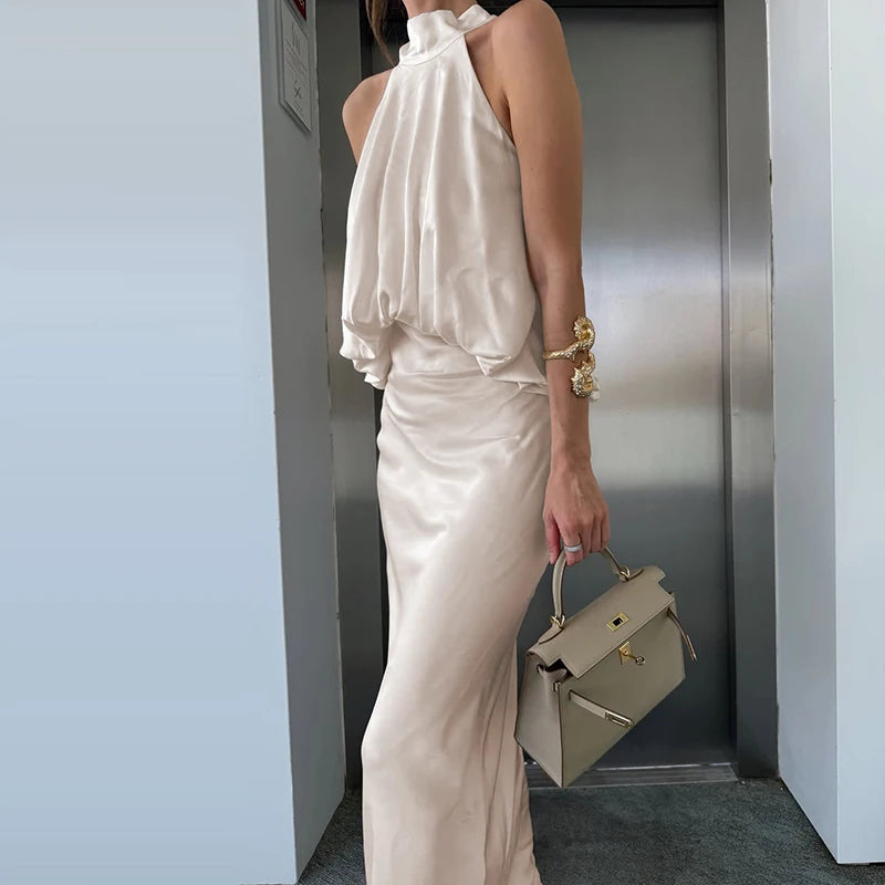 LIZAKOSHT  -  Elegant Solid Off Shoulder Patchwork Dress Luxury Satin Sleeveless A-List Dress Sexy Hang Neck High Waist Office Commuting Dress