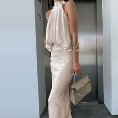 LIZAKOSHT  -  Elegant Solid Off Shoulder Patchwork Dress Luxury Satin Sleeveless A-List Dress Sexy Hang Neck High Waist Office Commuting Dress