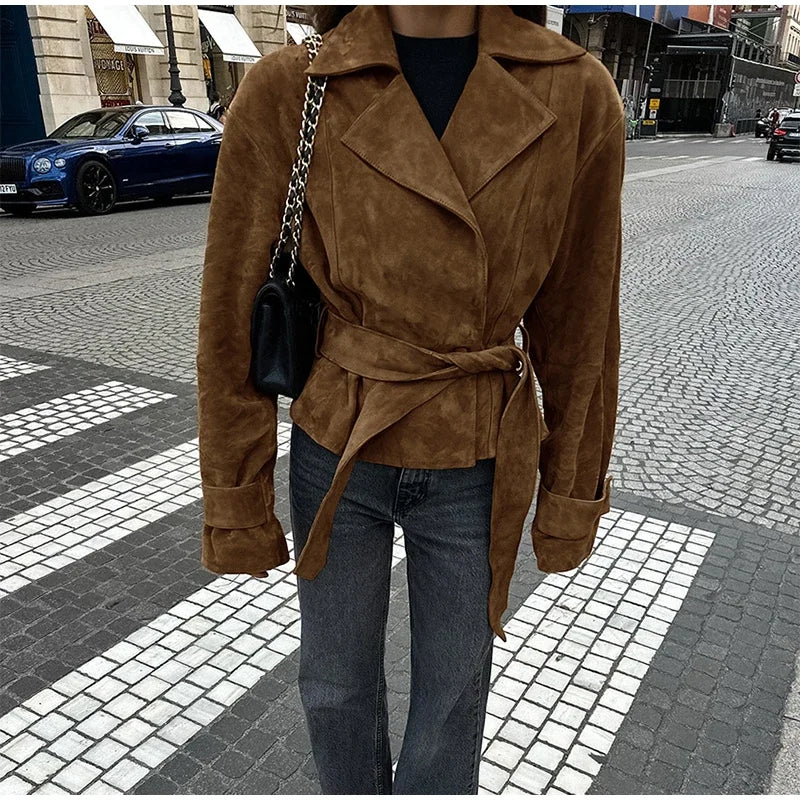 LIZAKOSHT  -  Retro Brown Lace Up Shorts Suede Jacket Elegant Female Lapel Long Sleeves Slim Coats Autumn Chic Lady High Street Outwear