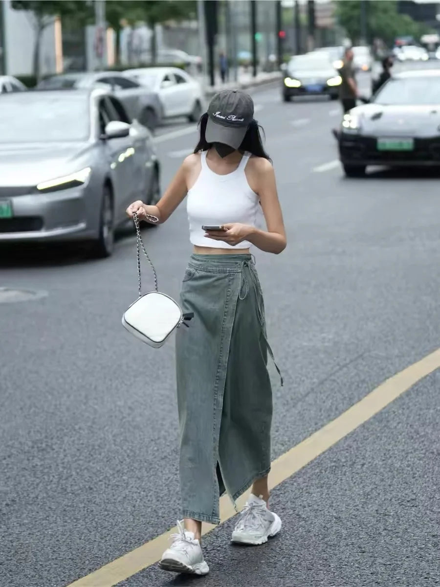 LIZAKOSHT  -  Women Long Denim Skirt Y2k Emo 2000s Clothes Skirt Harajuku Korean 90s Fashion Vintage Gradient A-line Jean Skirt Grunge Clothes