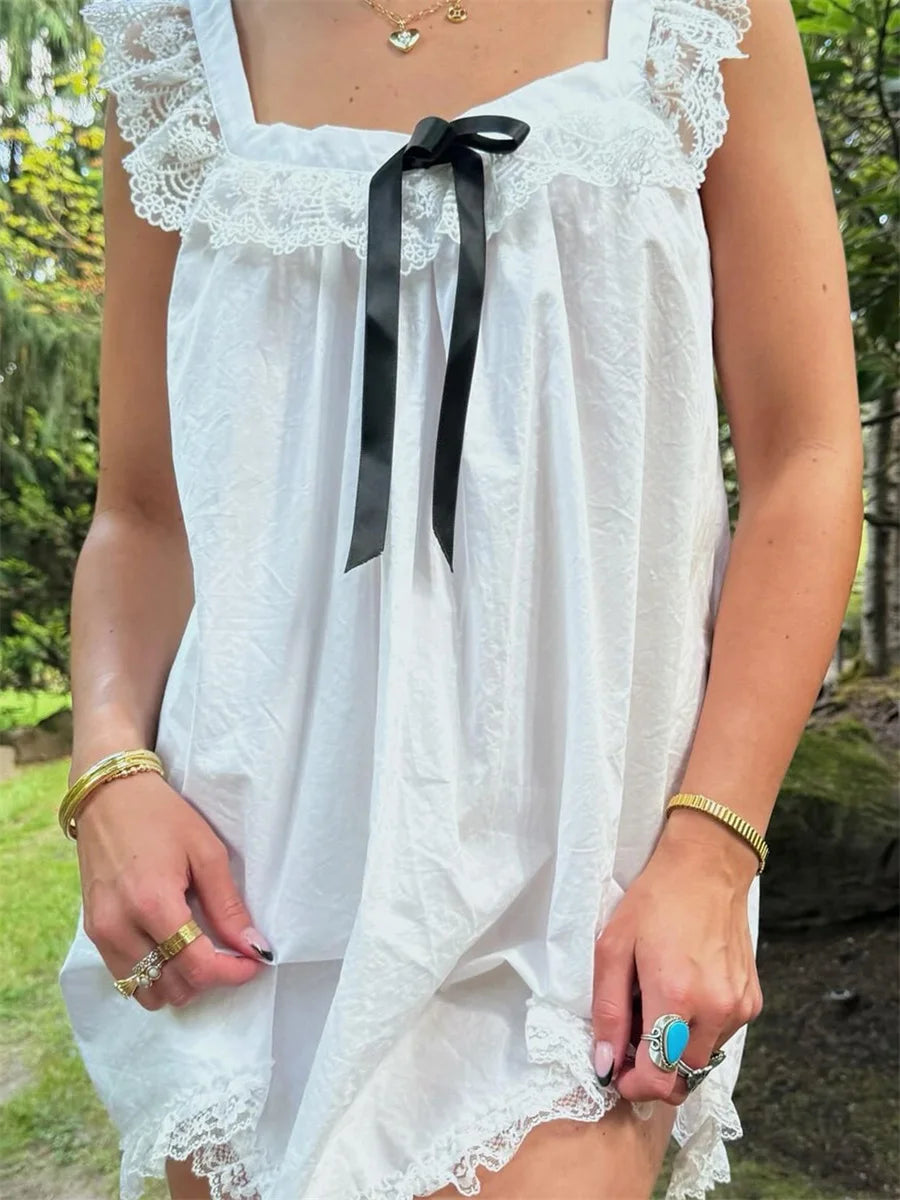 LIZAKOSHT  -  Women Y2K Lace Trim Mini Dress Cute Fly Sleeve Bowknot Babysoll Short Dress Summer Fairy Grunge Party Night Dress
