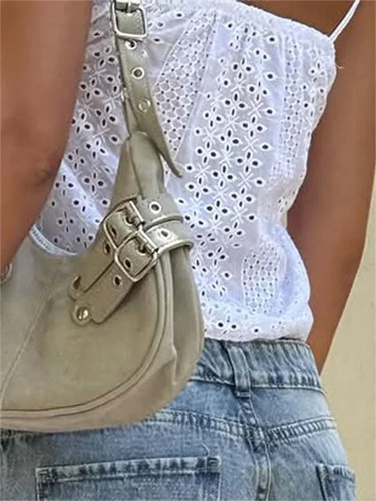 LIZAKOSHT  -  Summer White Hollow Out Vest For Women Lace-Up Casual Patchwork Slim Backless Cropped Y2k Top Women's Spaghetti Tank Top