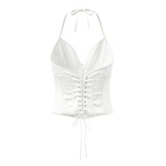 LIZAKOSHT  -  Sexy White Satin Bow Halter V neck Open Hook Buttons Slim Tank Top Women Cross Lacing Up Bandage Back Backless Tee Summer Vest